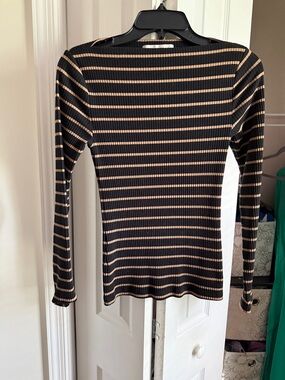 LOFT Black and Tan Striped Ribbed Long Sleeve Top